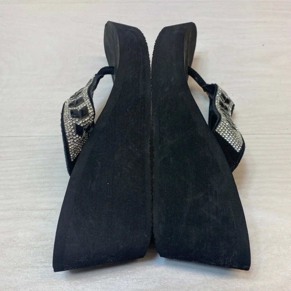 Yellow Box Womens 7.5 Platform Flip Flops Belmac Wedge Rhinestone Black Sparkle